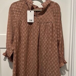 DR2 Brown Ruffled 3/4 Sleeve Bib Collar Blouse